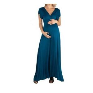 24SEVEN Womens Teal Flutter Sleeve Full-Length Empire Waist Dress Maternity 1X